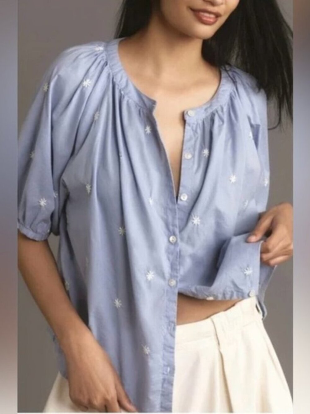 Velvet by Graham & Spencer Button Down Blue Embroidered Blouse Coastal Beach Top - Picture 3 of 9